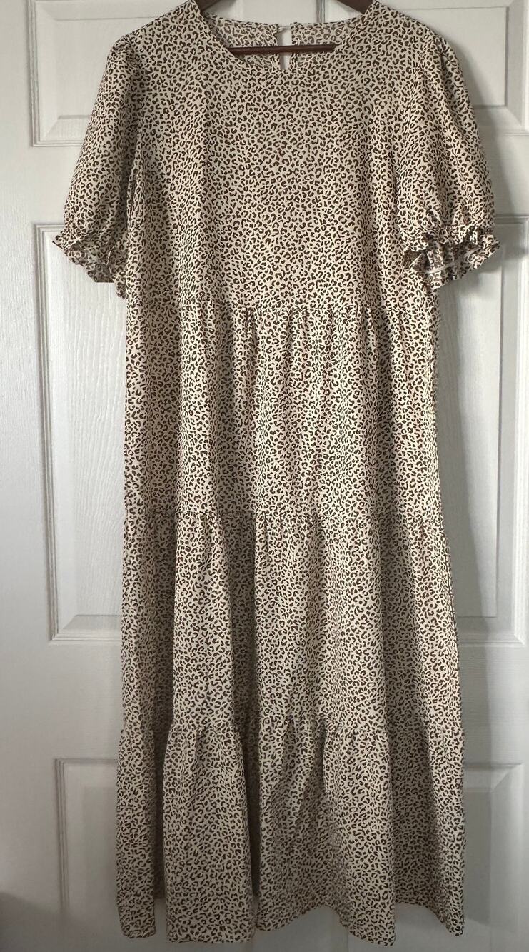 Leopard Print Tiered Maxi Dress XL Puff Sleeve Boho Flowy Light Relaxed EUC